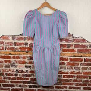 Vintage Jane Schaffhausen Dress Sz 4 Pink Blue Stripe Puff Sleeve Zip Up USA 80s